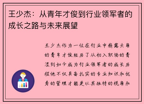 王少杰：从青年才俊到行业领军者的成长之路与未来展望